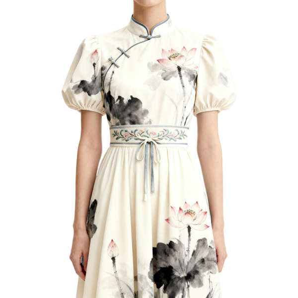 Ivory Cheongsam Dress with Lotus Print