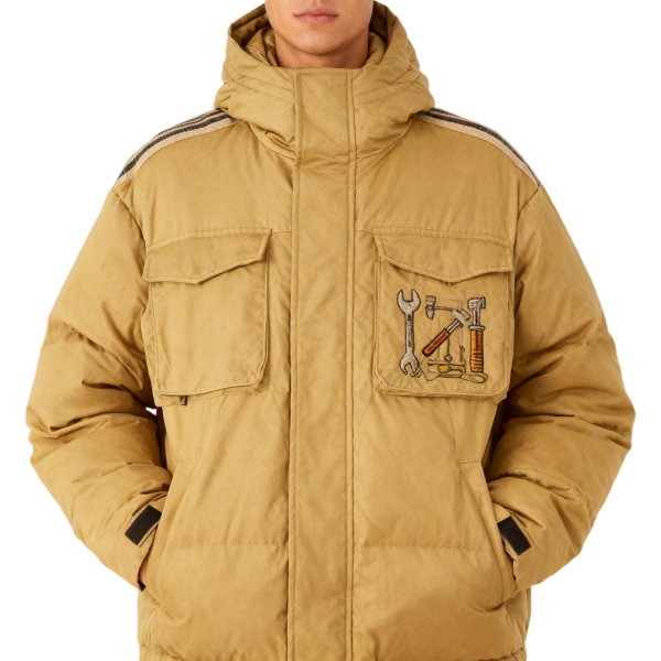 Beige Puffer Jacket with Tool Embroidery