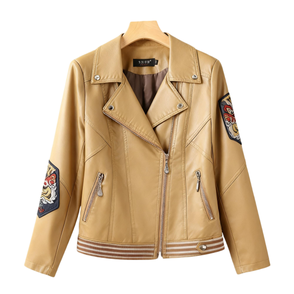 Beige Leather Biker Jacket with Patch Details
