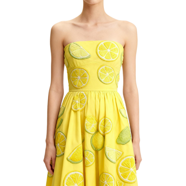 Yellow Strapless Dress with Lemon Embroidery