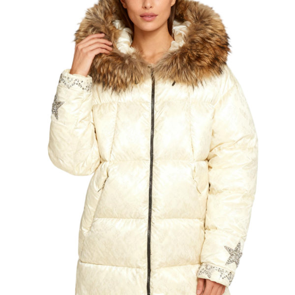 Cream Puffer Coat with Fur Hood and Star Embellishments