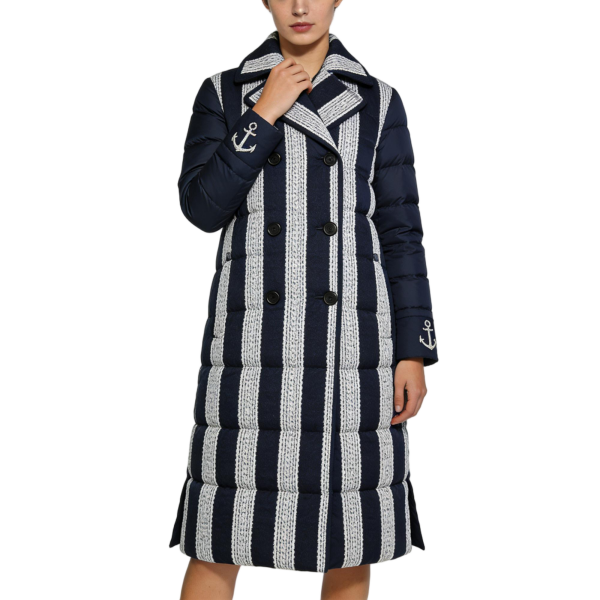 Navy and White Striped Puffer Coat with Anchor Embroidery