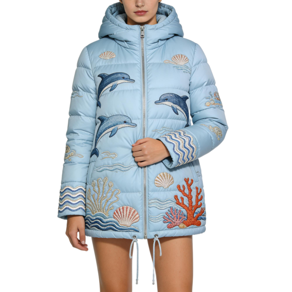 Light Blue Puffer Jacket with Dolphin and Sea Motif Embroidery